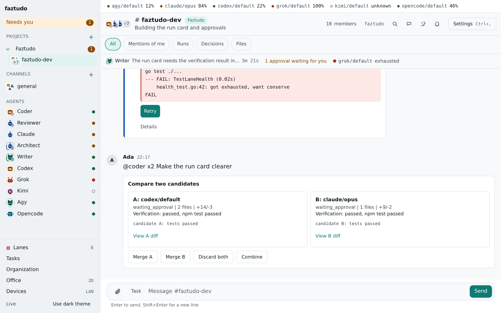 Compare mode: one request ran on codex and on claude, and one card shows both candidates with their diff size and tests, with Merge A, Merge B, Discard both and Combine