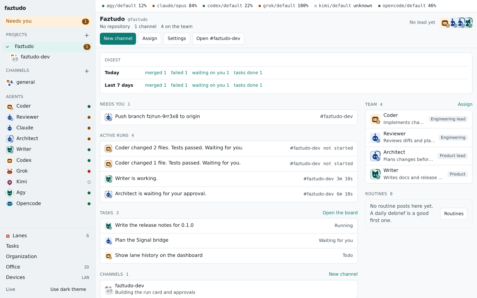 A project home: a digest for today and the last seven days, what needs you, active runs, tasks, team and activity