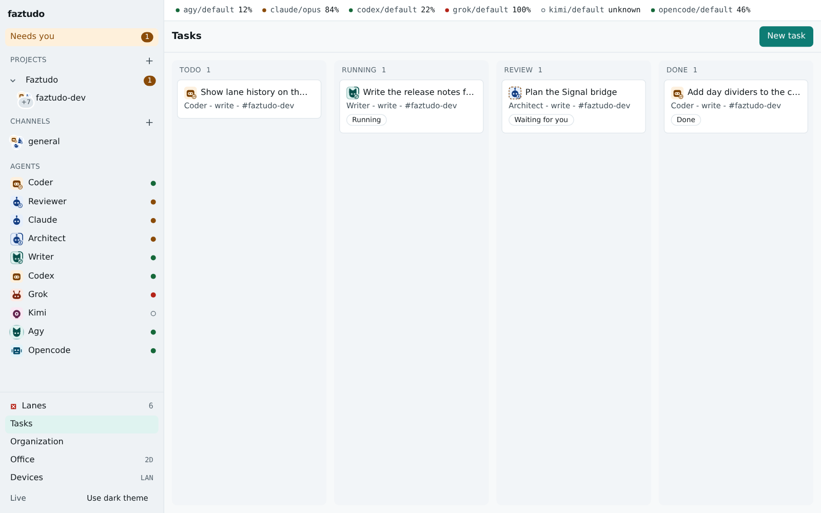 The task board: Todo, Running, Review and Done columns, each card naming the agent, the mode and the channel
